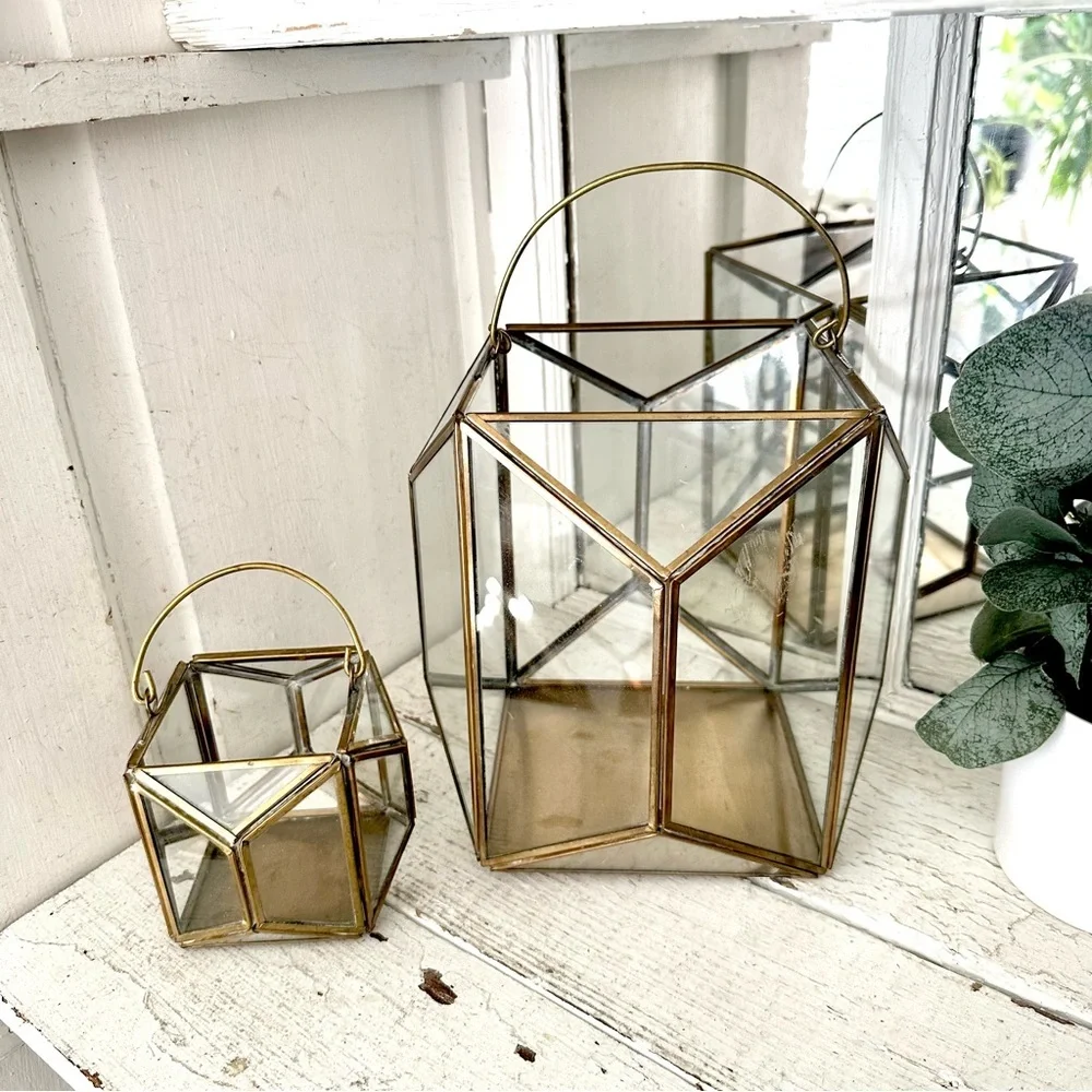 Brass & Glass Terrarium Candleholder Pair Lanterns Geometric Bohemian Decor